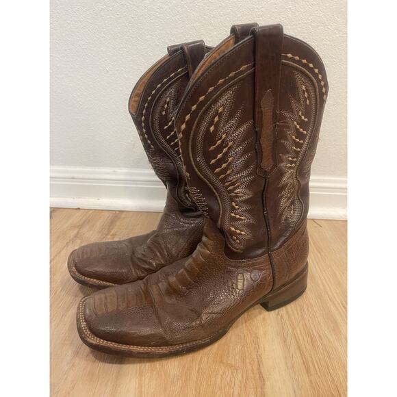 Vaccari Ostrich Leg Exotic Cowboy Leather Boots Brown Size 9EE USA Square - Picture 1 of 13